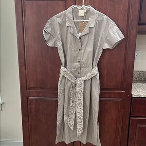 100% Organic Cotton Taupe Midi Dress with Printed Belt and Pockets